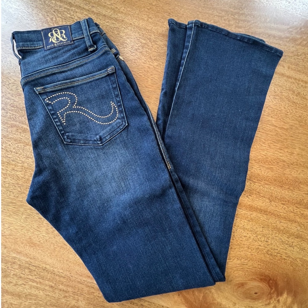 Rock & Republic Kendra Curvy Bootcut Jeans Dark Wash Studded Blue Womens R011780